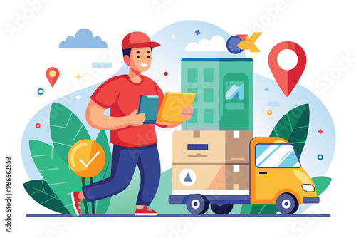 A delivery person carries packages while approaching a delivery vehicle in a lively city environment, Courier delivers the package and delivery order with a flat illustration.