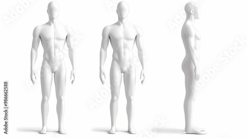 White plastic male mannequin for clothes. set from the side, front and back view. commercial equipment for shop windows. 3d illustration isolated on a white background. 3D Modeling. Illustration