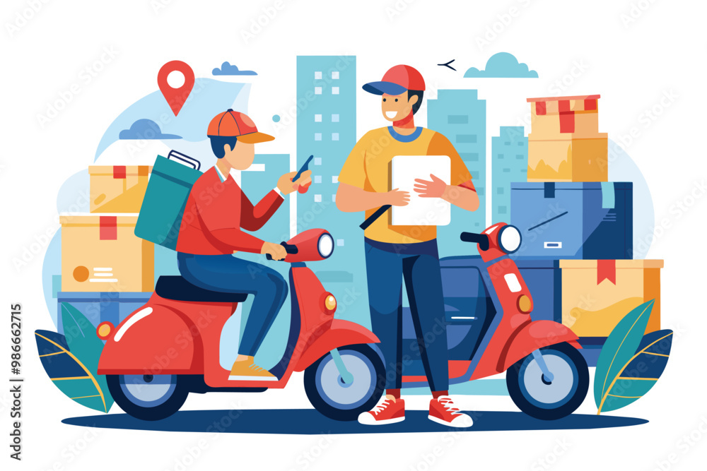 Two couriers interact while delivering orders on scooters, surrounded by city buildings and packages, Couriers use scooters to deliver orders, flat illustration. Two couriers interact while delivering orders on scooters, surrounded by city buildings and packages, Couriers use scooters to deliver orders, flat illustration.