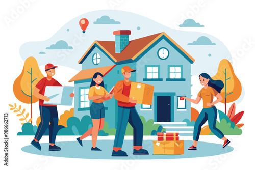 Couriers bring packages to a residence, while customers greet them cheerfully outside their home, Couriers deliver orders to the house quickly and efficiently.