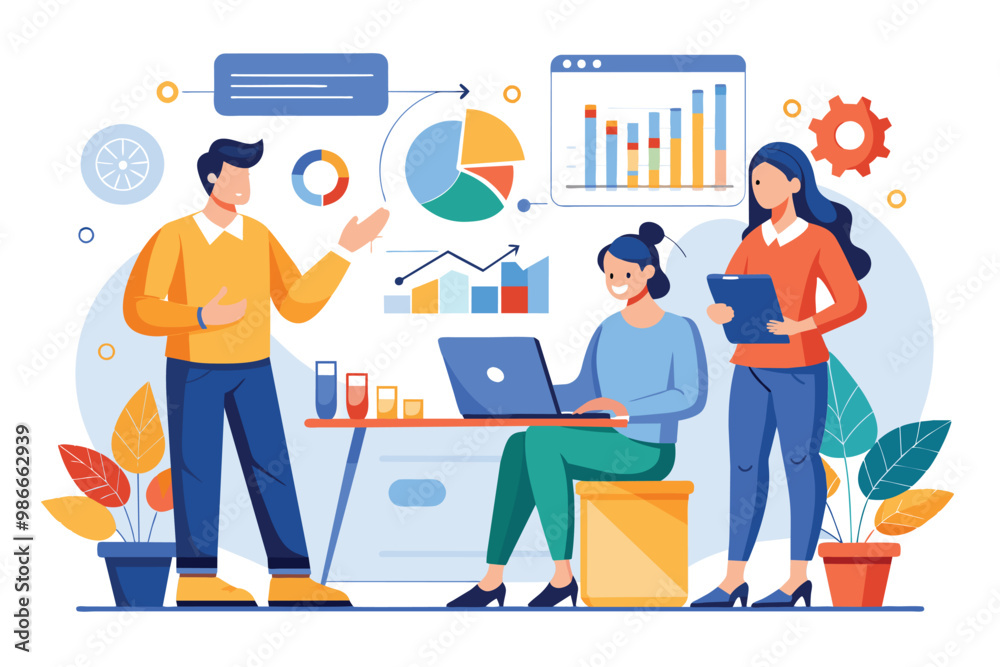 Three coworkers engage in a discussion about data analysis while reviewing graphs and charts at work, Coworkers talking about analyzing data graphs with a flat illustration. Three coworkers engage in a discussion about data analysis while reviewing graphs and charts at work, Coworkers talking about analyzing data graphs with a flat illustration.