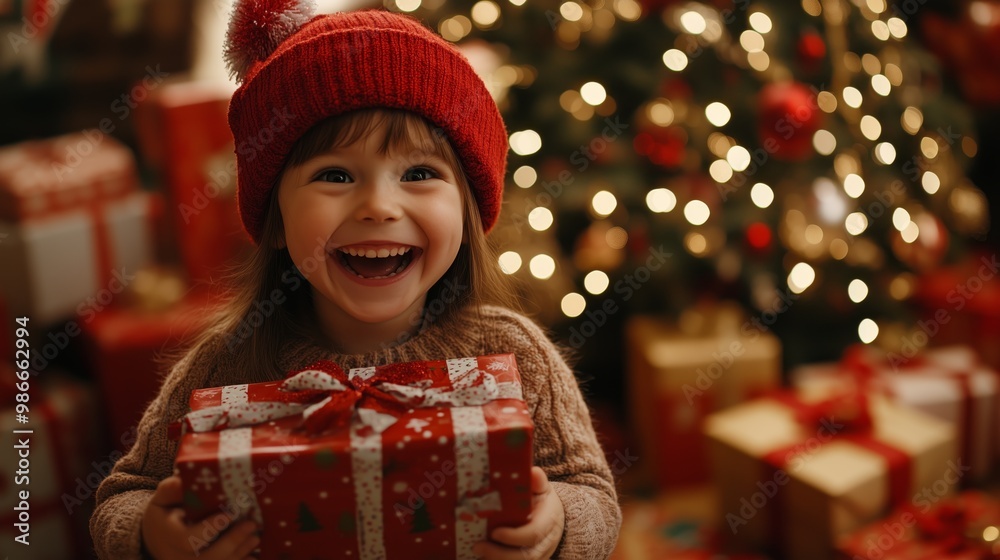 excited little child holding a big Christmas present with christmas tree and bokeh lights in the background excited little child holding a big Christmas present with christmas tree and bokeh lights in the background
