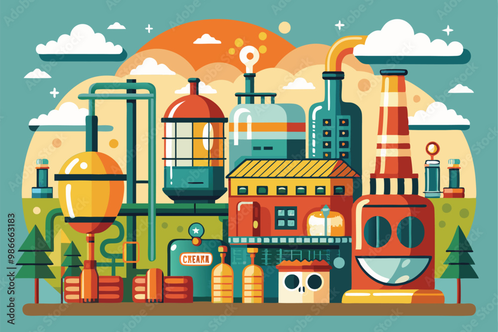 Naklejka premium A colorful depiction of a craft beer production facility showcasing unique and exaggerated design elements, Craft beer production with customizable and exaggerated illustrations.