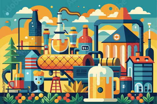 Explore a lively craft beer production scene showcasing customizable equipment in a colorful setting, Craft beer production with customizable and exaggerated illustrations.