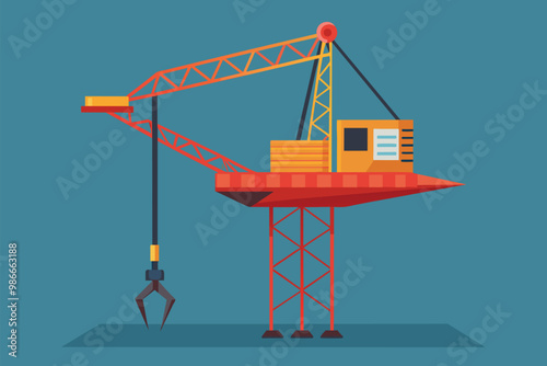 A vibrant illustration of a crane positioned on a flat surface, showcasing its construction features, crane illustration on a flat surface