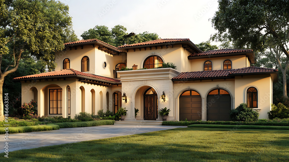 Mediterranean Revival house exterior design warm front elevation classic architecture comprehensive CAD map strength diagram precise 2D dimensions arched entrance lush lawn inviting lobby and garage Mediterranean Revival house exterior design warm front elevation classic architecture comprehensive CAD map strength diagram precise 2D dimensions arched entrance lush lawn inviting lobby and garage