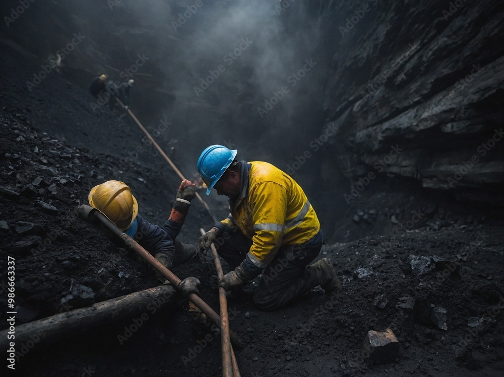 Exhausted coal mine workers engaged in labor deep underground amid challenging conditions and thick coal dust. Exhausted coal mine workers engaged in labor deep underground amid challenging conditions and thick coal dust.