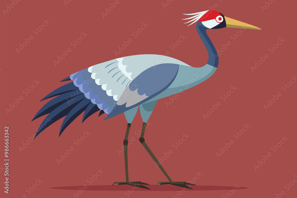 Fototapeta premium A vibrant crane illustration showcases its elegant stance and detailed feathers on a flat surface, crane illustration on a flat surface