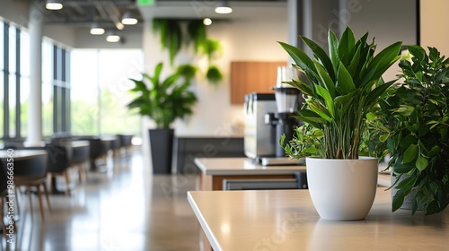 Fototapeta Naklejka Na Ścianę i Meble -  An office coffee break station with a touch of greenery, including potted plants and natural light, creating a relaxing atmosphere for employees to recharge.