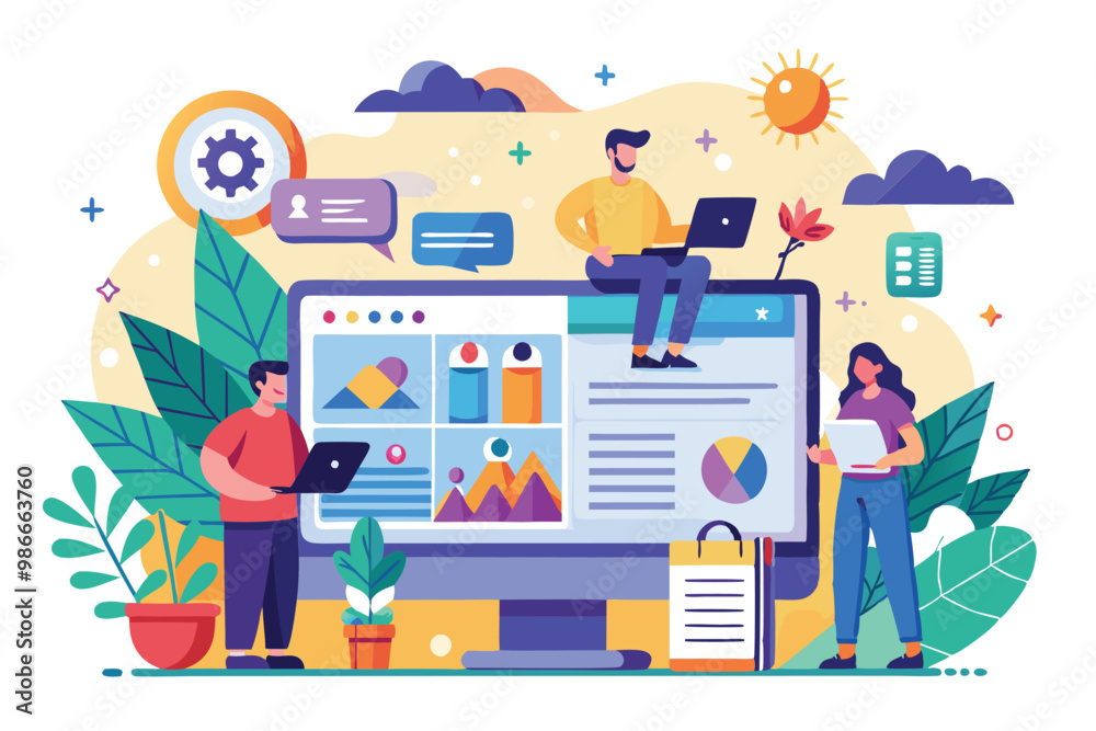 A workspace featuring diverse individuals customizing a website on a large screen surrounded by plants, Create a website with customizable and disproportionate illustrations. A workspace featuring diverse individuals customizing a website on a large screen surrounded by plants, Create a website with customizable and disproportionate illustrations.