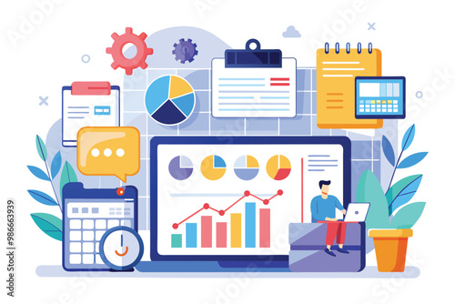 A professional organizes data using charts, calendars, and graphs while working on monthly reports at a desk, Analysts create monthly reports with a calendar chart and flat illustration.