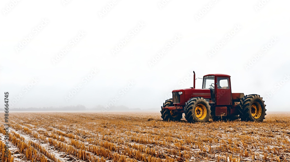 Fototapeta premium A red tractor sits idle in a harvested field, surrounded by fog and mist, capturing a serene rural landscape. 