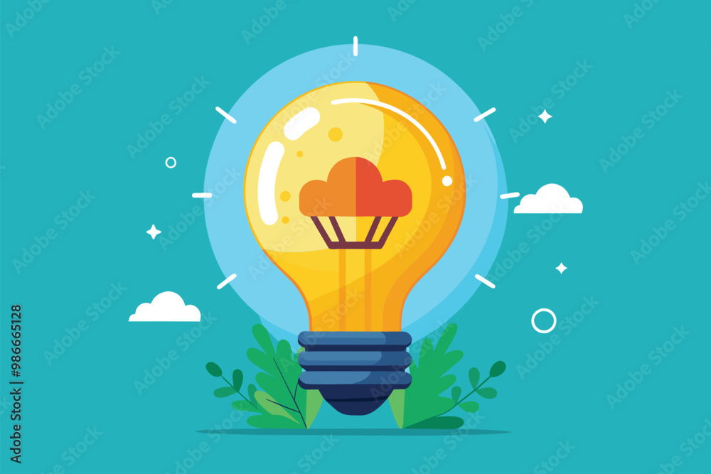 Creative light bulb with cloud and foliage, symbolizing imagination and innovative ideas in design, Creative ideas and imagination represented by a light bulb in a simple illustration. Creative light bulb with cloud and foliage, symbolizing imagination and innovative ideas in design, Creative ideas and imagination represented by a light bulb in a simple illustration.