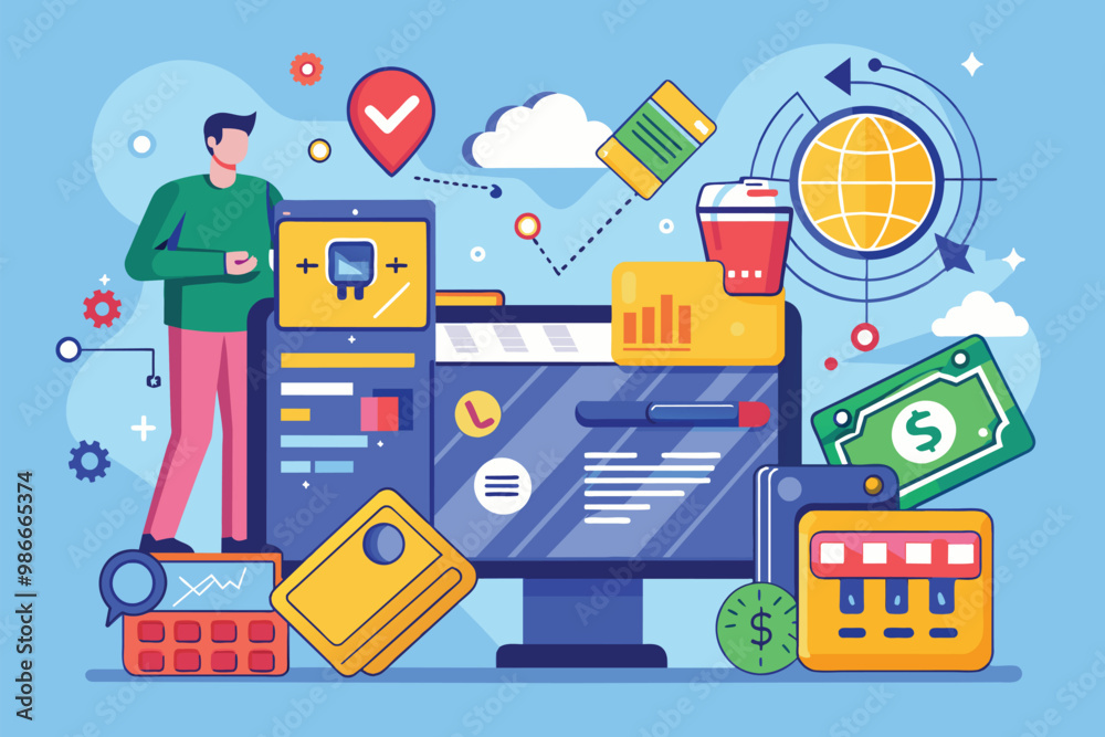 A digital representation showing various elements involved in making a credit card payment online, Credit card payment illustrated in a simple way. A digital representation showing various elements involved in making a credit card payment online, Credit card payment illustrated in a simple way.