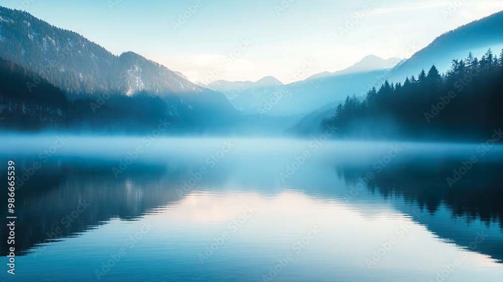 A calm lake with a foggy sky in the background A calm lake with a foggy sky in the background