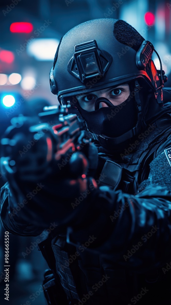 Swat team officer aiming weapon in an urban night operation Swat team officer aiming weapon in an urban night operation