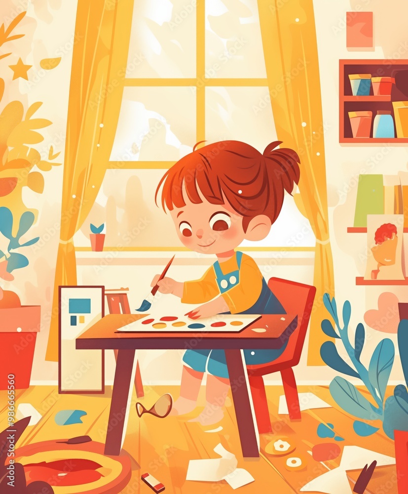 Cute child painting at table in bright cozy room with sunlight and art supplies Cute child painting at table in bright cozy room with sunlight and art supplies