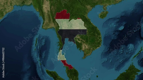 Zoom from Earth to Thailand. (Country Flag) World map animation with highlighted borders of countries. Images from NASA
