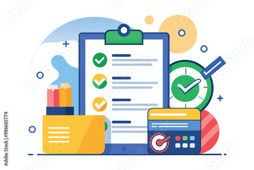 A colorful graphic showcases a credit report with checkmarks alongside financial tools and stationery items, Credit report, simple picture