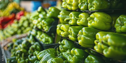 A variety of green peppers arranged in a market for sale.