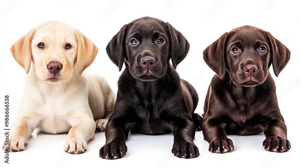 Three puppies are laying on a white background