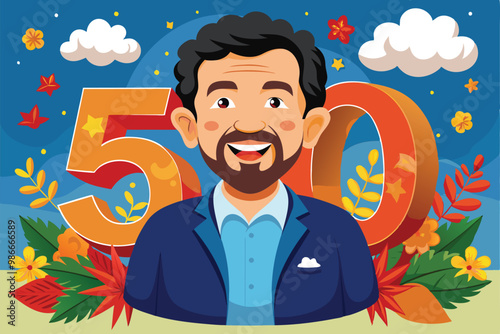 A vibrant cartoon illustration featuring a joyful man celebrating his 50th birthday amidst colorful decorations, Custom cartoon illustration for 50th birthday.