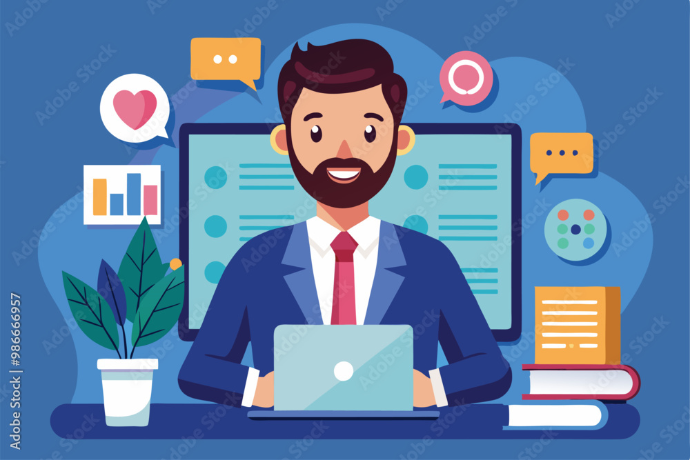 A man in a suit works on a laptop while preparing engaging content for a webinar, Custom cartoon illustration for webinars. A man in a suit works on a laptop while preparing engaging content for a webinar, Custom cartoon illustration for webinars.