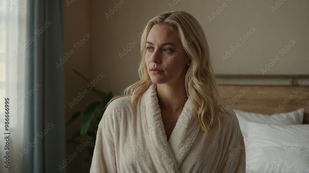 A year-old blond woman relaxes in a warm beige bath, enjoying her peaceful surroundings in a serene and calming space. A year-old blond woman relaxes in a warm beige bath, enjoying her peaceful surroundings in a serene and calming space.