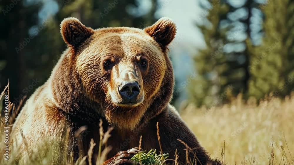 Exploring the calm demeanor of a grizzly bear in a lush forest environment during early morning hours Exploring the calm demeanor of a grizzly bear in a lush forest environment during early morning hours