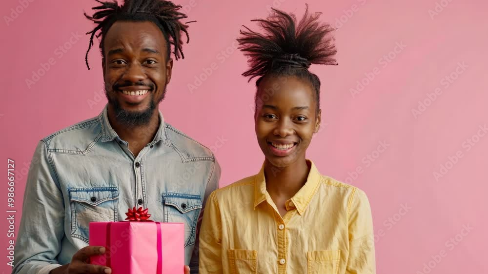 Celebrating a joyful moment with friends while unwrapping a surprise gift in a vibrant pink room Celebrating a joyful moment with friends while unwrapping a surprise gift in a vibrant pink room