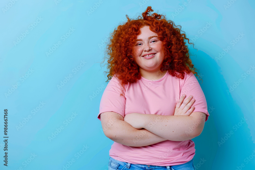 Fat Red Hand Full length young fun smiling redhead chubby overweight woman 30s with ...