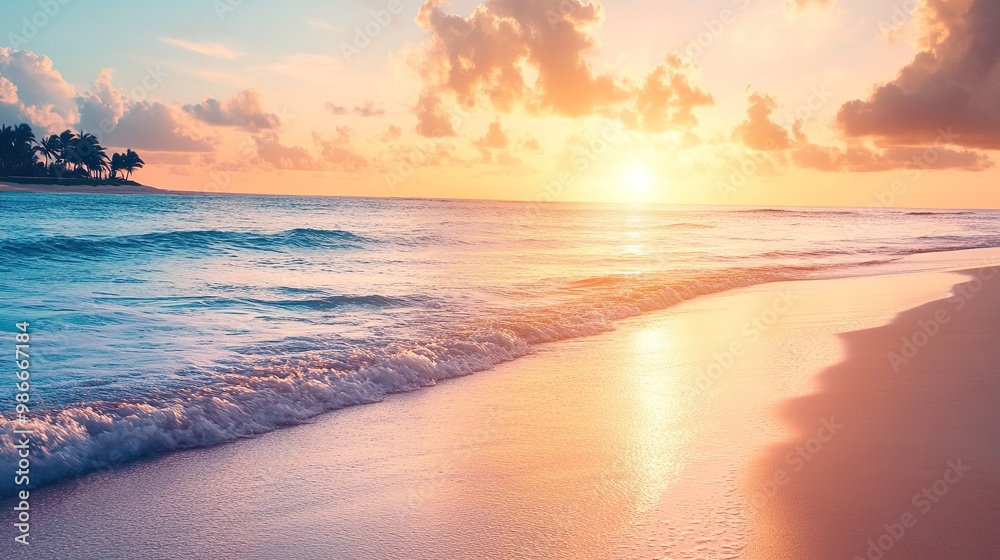 Obraz premium A beautiful beach with a sunset in the background