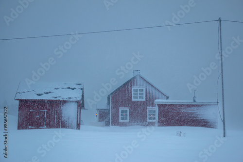 Swedish red houses and a power line in one of the strongest snowstorms of 2024, Hemavan, Sweden