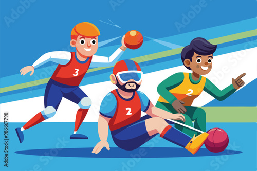 Three athletes engage in goalball, showcasing teamwork and skill during a vibrant competition, Custom cartoon of Paralympic goalball.