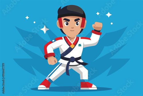 A paralympic taekwondo athlete strikes a confident pose, emphasizing strength and resilience in sport, Custom cartoon of Paralympic taekwondo.