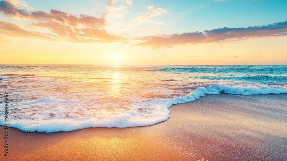 The ocean is calm and the sun is setting, creating a beautiful The ocean is calm and the sun is setting, creating a beautiful