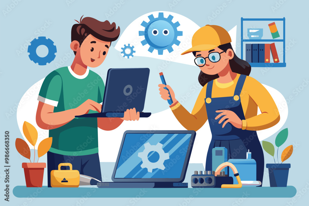 Fototapeta premium A customer is handing over a laptop to a technician for maintenance in a bright workspace, Customer repairs laptop to service technician.