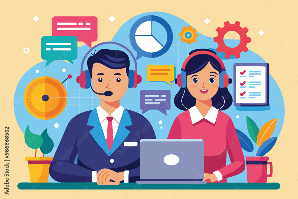 A customer service team is actively providing support through calls while managing inquiries and solutions, Customer service and support concept with a call center and personal assistant. A customer service team is actively providing support through calls while managing inquiries and solutions, Customer service and support concept with a call center and personal assistant.
