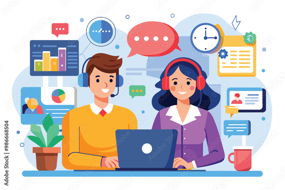 Two customer service agents work diligently at their desks, engaged in assisting clients with inquiries, Customer service and support concept with a call center and personal assistant. Two customer service agents work diligently at their desks, engaged in assisting clients with inquiries, Customer service and support concept with a call center and personal assistant.