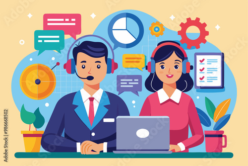 A customer service team is actively providing support through calls while managing inquiries and solutions, Customer service and support concept with a call center and personal assistant.