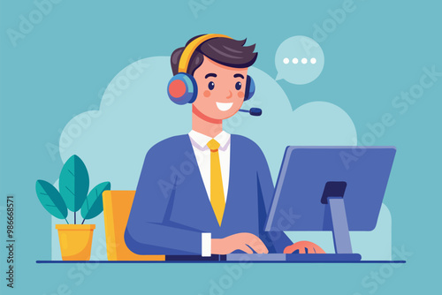 A friendly customer service representative engages with clients via computer and headset in a bright office, Customer service hotline operators use headsets and computers to consult customers.