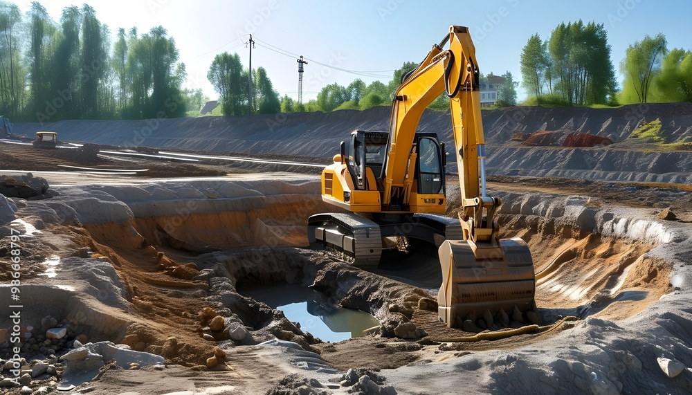 Excavator digging trenches for external sewer pipe installation at a ...