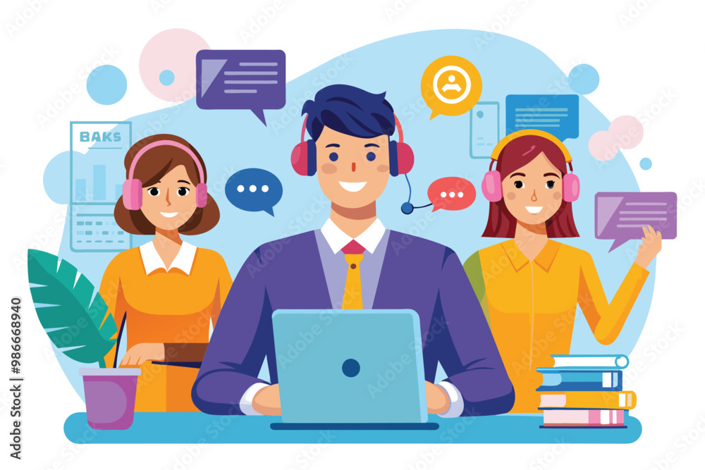 A friendly customer service tech support team is helping clients while sitting at their desks with computers, Customer service tech support assists clients, flat illustration. A friendly customer service tech support team is helping clients while sitting at their desks with computers, Customer service tech support assists clients, flat illustration.