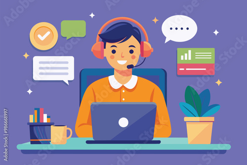 A customer service representative operates a laptop while assisting clients in a call center, Customer service worker using laptop in call center, flat illustration.