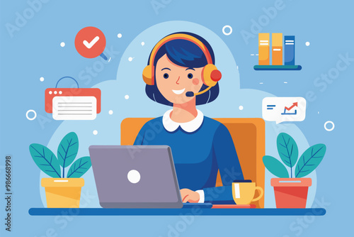 A customer service representative actively assists clients using a laptop at a call center desk, Customer service worker using laptop in call center, flat illustration.