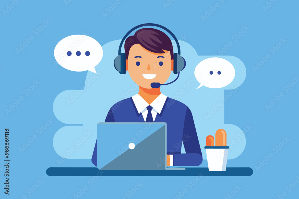 A man is assisting customers through his headset while working at his desk in a call center, Customer support man working in call center, simple illustration A man is assisting customers through his headset while working at his desk in a call center, Customer support man working in call center, simple illustration