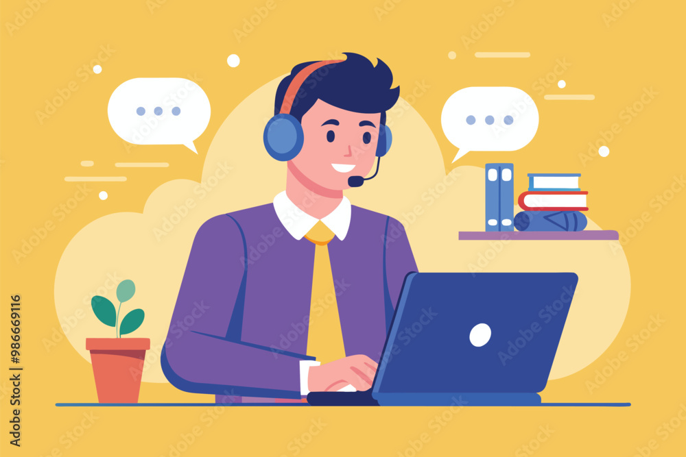 A customer support man engages with clients while working at a desk with a laptop and decor, Customer support man working in call center, simple illustration A customer support man engages with clients while working at a desk with a laptop and decor, Customer support man working in call center, simple illustration