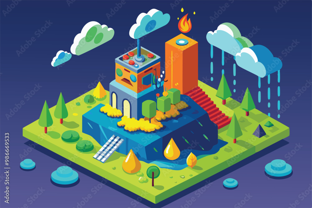 A vibrant isometric landscape shows acid rain impacting a stylized environment with varied elements, Customizable acid rain illustration in isometric style. A vibrant isometric landscape shows acid rain impacting a stylized environment with varied elements, Customizable acid rain illustration in isometric style.