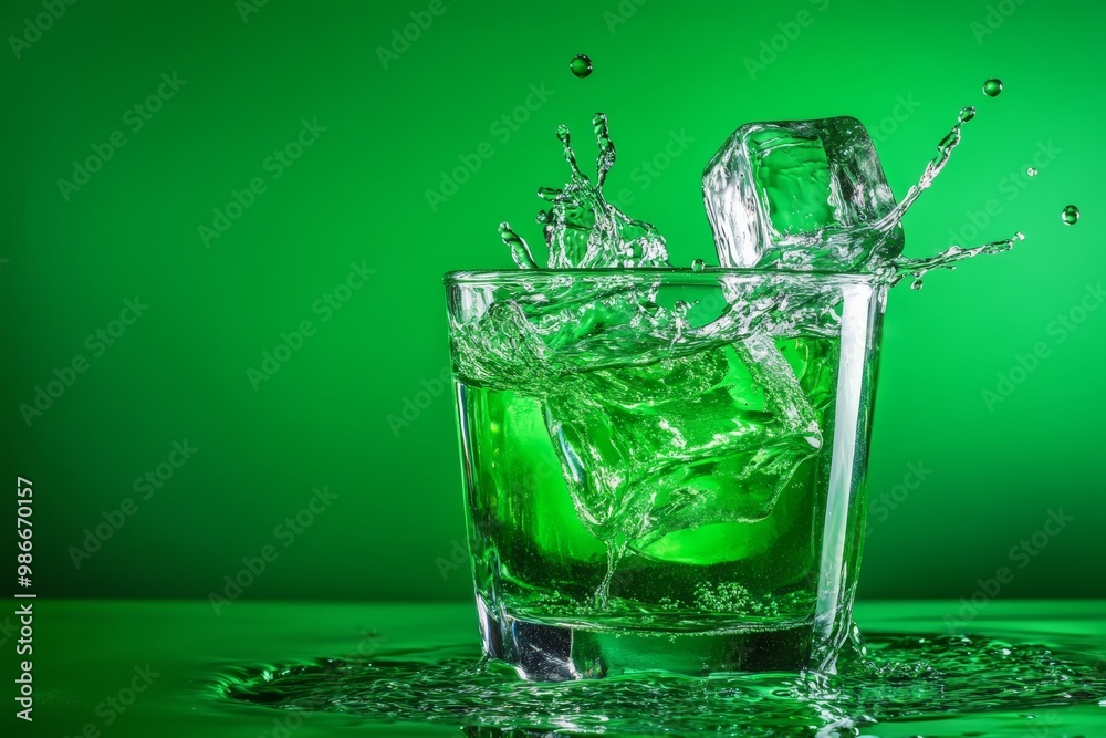 Refreshing splash of ice cube in a glass of vibrant green drink isolated on white background Refreshing splash of ice cube in a glass of vibrant green drink isolated on white background