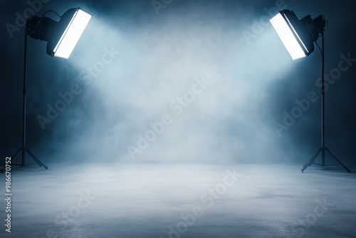 Two bright studio lights illuminate a foggy space for creative photography sessions at night photo